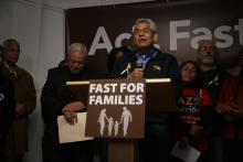Eliseo Madina speaks at the Fast4Families tent to kick off their fast last November. Brandon Hook/Sojourners Brandon Hook/Sojourners