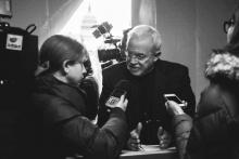 Jim Wallis talks to reporters at the #Fast4Families tent. Brandon Hook/Sojourners Brandon Hook/Sojourners