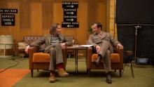 Director Wes Anderson (left) chats with Jude Law (Young Author) on the set of "Grand Budapest Hotel."