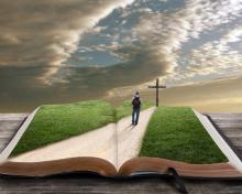 An open bible with grass and a man walking towards a cross. Photo Courtesy Cardens Design/Shutterstock.com. Photo courtesy Cardens Design/shutterstock.com.