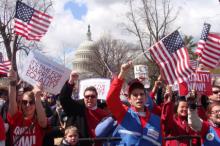 Supporters of gay marriage rally outside the U.S. Supreme Court earlier this spring. Photo courtesy RNS.
