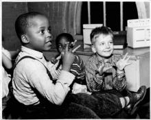 This 1961 archival photo shows “Integration in schools” (location unknown). Religion News Service file photo by Bruce Bailey.