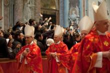 Cardinals enter Mass at St. Peter’s Basilica on March 12, 2013 at the Vatican. RNS photo by Andrea Sabbadini