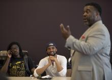 Students at Morgan State University in Baltimore listen to Rev. Jamie Washington speak. Photo via Sait Serkan Gurbuz / RNS Photo via Sait Serkan Gurbuz / RNS