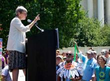 Sister Simone Campbell addresses an audience July 2, 2012 to conclude the Nuns on the Bus tour. Photo via Chris Lisee/RNS.