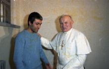 A scan of a negative of Pope John Paul II meeting his would-be assassin, Mehmet 