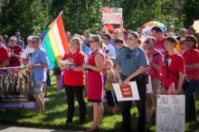 Participants celebrate the Supreme Court’s gay marriage ruling in Kansas City, Mo. on June 26. Photo by Sally Morrow/RNS.