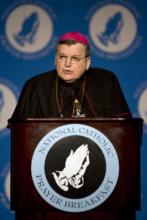 Archbishop Raymond Burke gives the keynote address at the National Catholic Prayer Breakfast in 2009. RNS photo: David Jolkovski