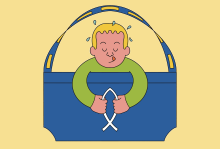 Illustration by Melanie Lambrick Illustration of blond child leaning his body through an Ikea bag to grip an Ichthys