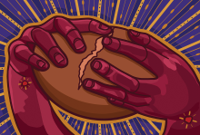 The illustration shows two purplish hands breaking apart a loaf of bread. The background is a purple and yellow burst of lines coming from the center.