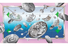 Illustration of silver coins and valuables floating in front of a window. The central coin bears Caesar's image.