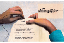 Illustration by Aldo Jarillo Illustration of a hand holding a needle above Psalm 46; in an inset, a line of sheet music is threaded through the eye of the needle
