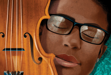 The illustration depicts Elijah McClain, a Black man wearing glasses, next to his violin. His eyes are closed. 