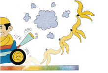 Illustration by Melanie Lambrick Illustration of a video-game avatar in a kart sliding on a banana peel off Rainbow Road