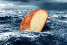 Illustration of a loaf of bread floating sideways in a tempestuous sea