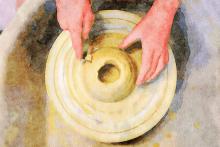 iStock A painting of a white person's hands carefully molding cyclical contours into tan-colored clay.