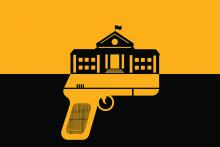 iStock An illustration with a horizontally split background, the upper half in yellow and lower half in black. A yellow pistol is layered over the latter, and a black outline of a school is layered over the former, resting on top of the gun.