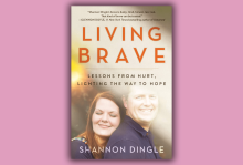 The cover of 'Living Brave' has a photo of Shannon Dingle and her husband hugging and smiling.