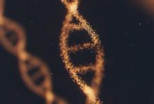 Unsplash An abstract illustration of a DNA strand made of thousands of tiny particles of light. Another stand is slightly blurred in the background to the left against a black backdrop.