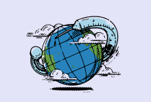 Illustration of a globe with a vaccine vial wrapped around it.
