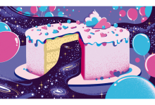 Illustration by Adrià Voltà Illustration of a pink and blue cake with a slice removed to reveal galaxies and stars