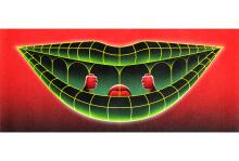 Illustration by Adrián Astorgano An illustration of a smiling mouth with green lips against a red backdrop. Vertical prison bars are visible in place of teeth. A red man holds onto two bars with both hands from within..