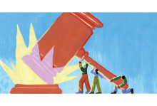 An illustration of three people holding up a giant gavel that is making a noise.