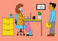 Illustration by Melanie Lambrick Illustration of an office worker sitting behind a desk with sweatpants and slippers