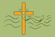 An illustration of a gold cross with a light green dress tie just above the horizontal arms. It blows in the wind against a gray-green backdrop.
