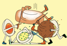 The illustrations shows a bunch of foods fighting, three deviled eggs, one meatball, and a biscuit