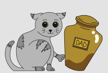 The image shows a cat pushing over a urn labeled "Dad"
