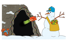 Illustration by Melanie Lambrick Cartoon-style illustration of a dark cave with Christmas lights around its mouth; the sleeve of a green sweater is visible out of the darkness of the cave and hands a red envelope to a snowman dressed as a mail carrier.