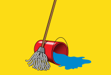 Illustration by Matt Chase A mop stands next to a red bucket of water that is tipped over and spilling water.