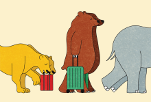 Illustration by Melanie Lambrick Illustration of pairs of animals carrying suitcases