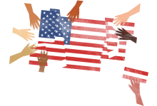Illustration by Ken Davis Illustration of many hands of different skin tones clutches pieces of an American flag