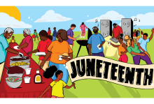 Illustration of Black people at a cookout with a Juneteenth banner