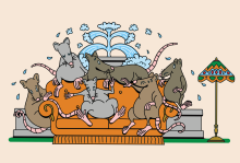 The illustration shows six rats chilling on an orange couch in front of a the iconic fountain from the show "Friends" and there is also a lamp