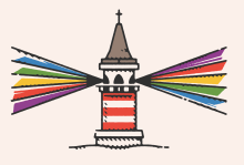 Illustration by Michael George Haddad Illustration of rainbow lights beamed out the windows of a church steeple
