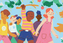 An illustration of children smiling and walking into open arms.