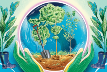 An illustration of hands with gardening gloves holding a globe with a picture of soil and gardening tools in it.