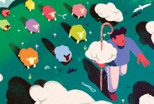 An illustration of a shepherd leading a flock of rainbow-colored sheep.