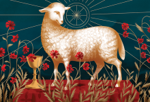 Illustration by Mikita Rasolka A lamb is surrounded by red poppies and a golden chalice.