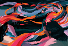 Illustration by Rachel Joan Wallis Illustration of abstract fire moving among a group of women.