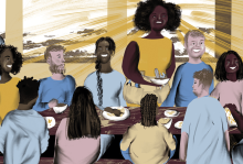 An illustration of Wisdom, depicted as a Black woman, hosting a party and bringing food to a full table.
