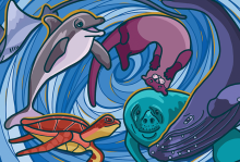 The image shows a bunch of sea creatures happy, swirling in water