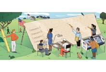 Illustration by Maxim Usik Illustration of voters standing in a field marking an enlarged ranked choice ballot