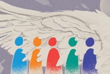 Illustration of a white feathery wing enveloping different colored people figures