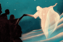Illustration by Owen Gent Illustration of a ghostly figure joining hands with shadowed figures reminiscent of The Creation of Adam