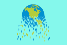 A graphic of the Earth. The bottom half dissipates into a bunch of little stick figures of green and blue, the same colors as the globe.