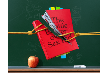 Photo illustration by Party of One Studio Illustration of two ropes tearing a book with the title "The Battle Over Sex Ed" in half